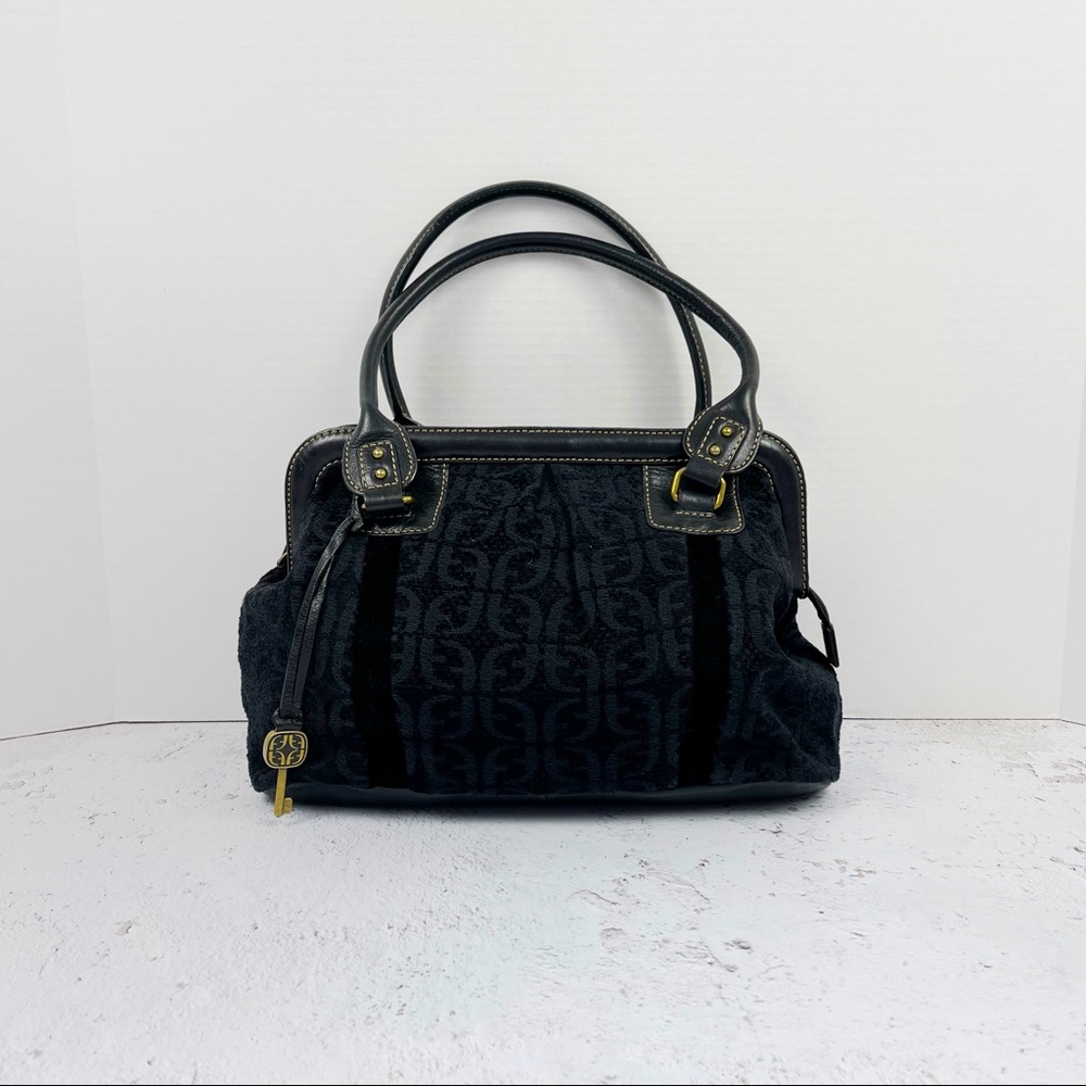Fossil Jacquard Twill Leather Double Handle Black Bag